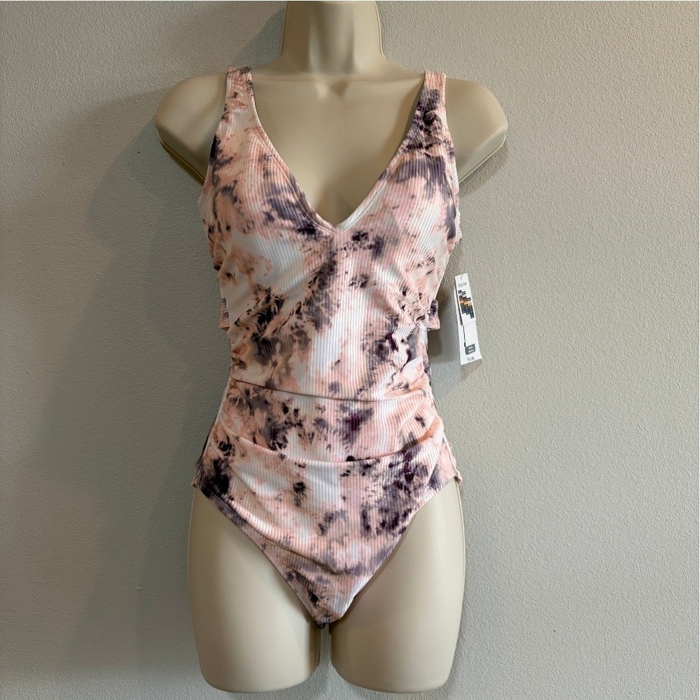 Time & Tru Ribbed Tie Dye Plunge One Piece Swimsuit Cheeky High Leg Pink NWT S